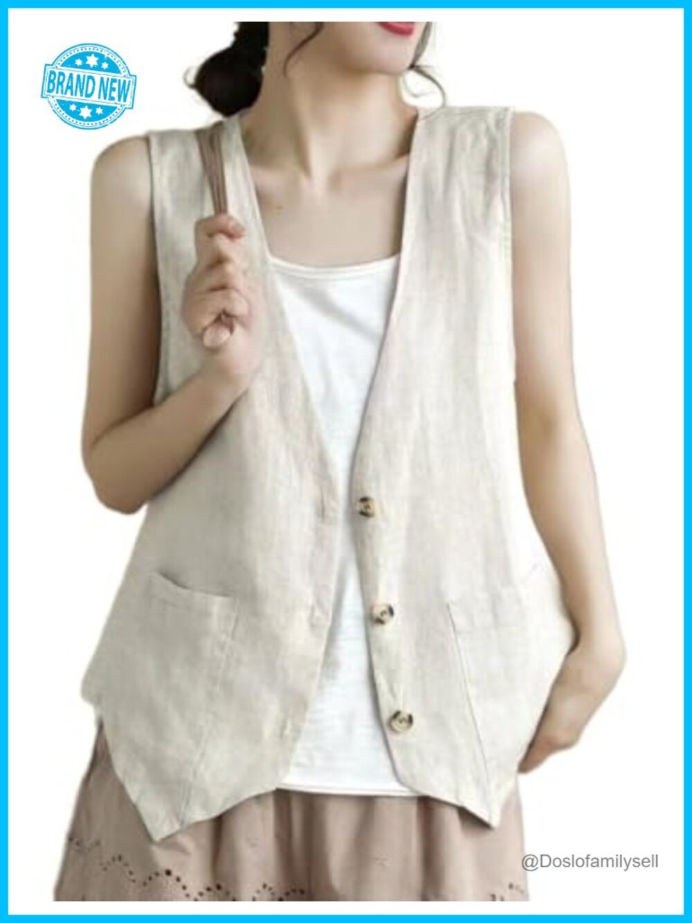 Sleeveless Linen Vest Button Down V-Neck Casual Blazer with Pockets